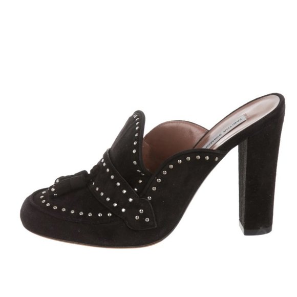 Tabitha Simmons Diana Black Suede Round Toe High Heel Tassel Mules Size … - Picture 2 of 5